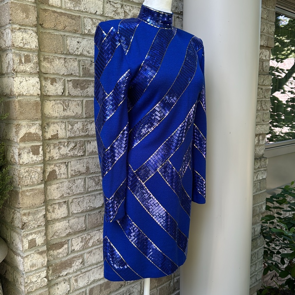 St. John Royal Blue Sequin Striped Cocktail Dress - Picture 2 of 16